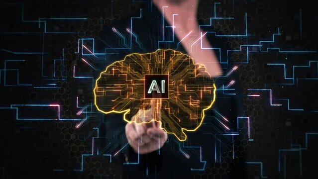 Animation of Artificial Intelligence IA Chip over a Human Brain. Woman Hand Using Augmented Reality Touchscreen Display with Holographic Brain over a Circuit Board. Future Technology Concept. 