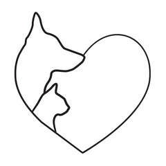 Cat and dog outline profiles in a heart shape frame. Minimalist emblem of pet shop. Illustration on transparent background