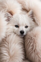 Fototapeta premium A beautiful smiling dog peeps out from a fur background and looks at the camera.