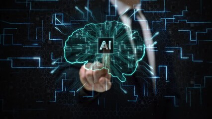 Business Man working on 3D Simulated Holographic Neural Brain InterfaceWith Micro Chip and Circuit Board. Engineer using Augmented Holographic Technology. Artificial Intelligence Concept - Powered by Adobe