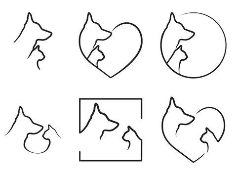 Cat and dog outline profiles in a various frames. Collection of a minimalist emblems of pet shop. Illustration on transparent background