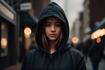 Zelfklevend Fotobehang Front facing view of a young girl wearing a blank dark hooded sweatshirt with kangaroo pockets on a city street © Bockthier