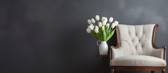 Vintage chair with white tulips - obrazy, fototapety, plakaty