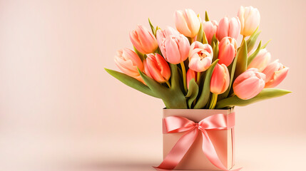 Fototapeta premium Bouquet of tulips in gift bag on pastel background. Banner, Side view, space for text.