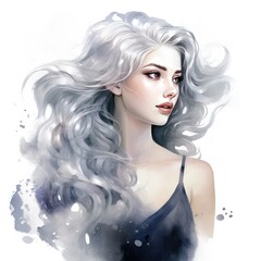 Fototapeta premium Captivating Watercolor Clipart of Graceful Girl in Silver Dress and Hair