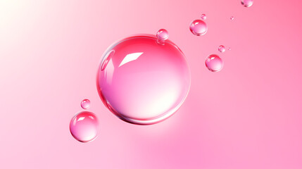 Drop of transparent cosmetic oil on light pink background. Macro, top view, space for text. - obrazy, fototapety, plakaty