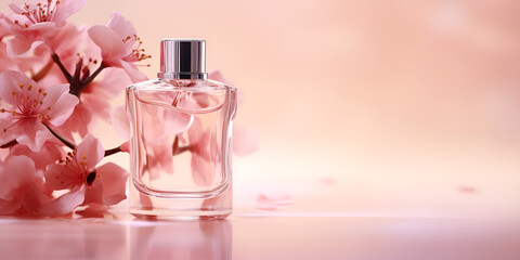 A Perfume glass bottle and flowers on table against light background