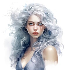 Captivating Watercolor Clipart of Graceful Girl in Silver Dress and Hair