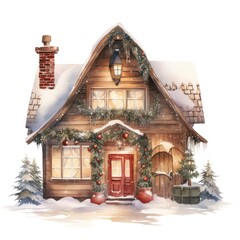 Cozy North Pole Cottage Watercolor Clipart with Twinkling Lights and Festive Wreath