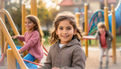 Happy young cute girl playing at a playground outdoor with her friends