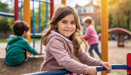 Cute young girl at a playground outdoor with her friends - Powered by Adobe