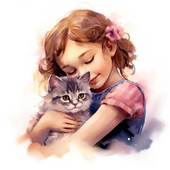 Heartwarming Watercolor Clipart Little Girl and Beloved Kitten Cat Bond