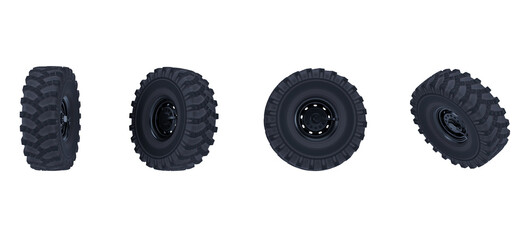 3D render of blavk truck tire on transparent background, Truck wheels