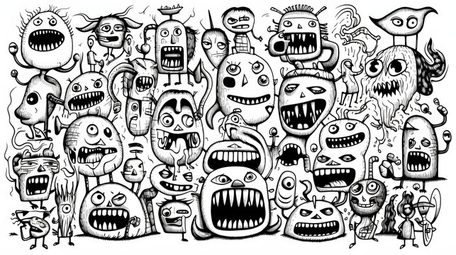 monsters. Funny line hand-drawn aliens for coloring pages. Flat illustration generativ ai	
