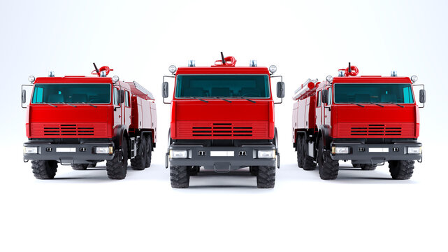 set of Red Firetruck isolated on a white background, 3D render