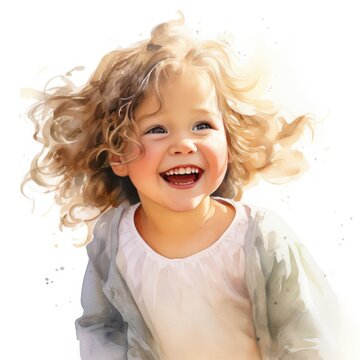 Heartwarming Watercolor Clipart Happy Little Girl's Genuine Smiles & Infectious Laughter