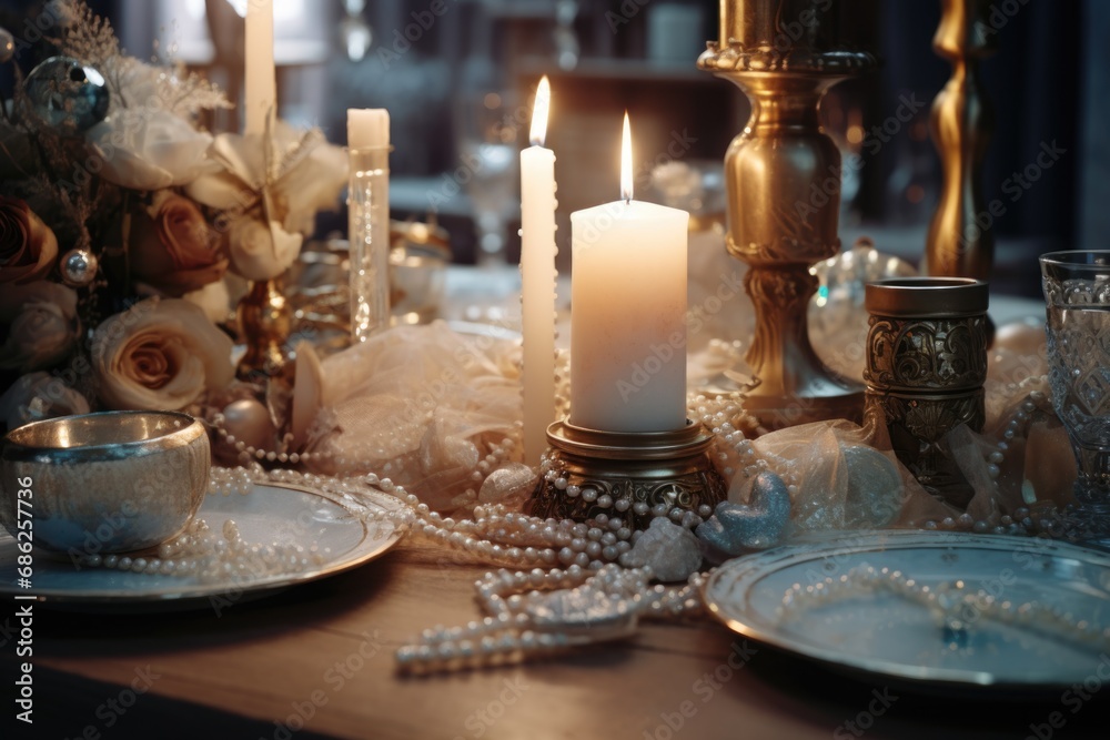 Poster A picture of a table set with a candle, plates, and silverware. This versatile image can be used for various occasions and themes.