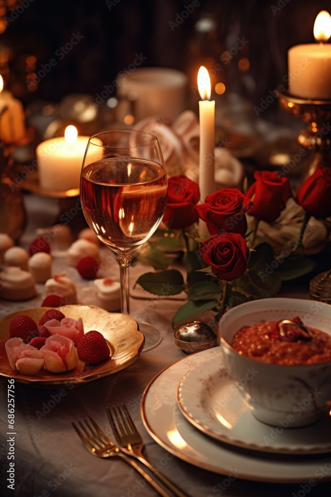 Poster a table set with a candle and a plate of food. perfect for showcasing a cozy and intimate dining exp