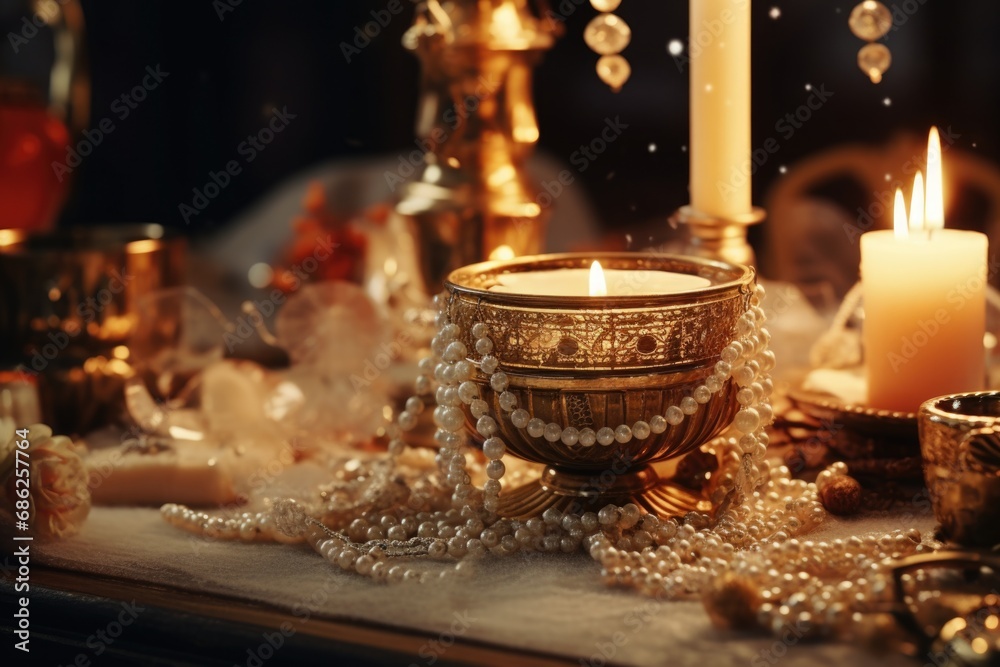 Poster A table adorned with a flickering candle and a beautiful bunch of pearls. This elegant and romantic image can be used to add a touch of sophistication to any project.