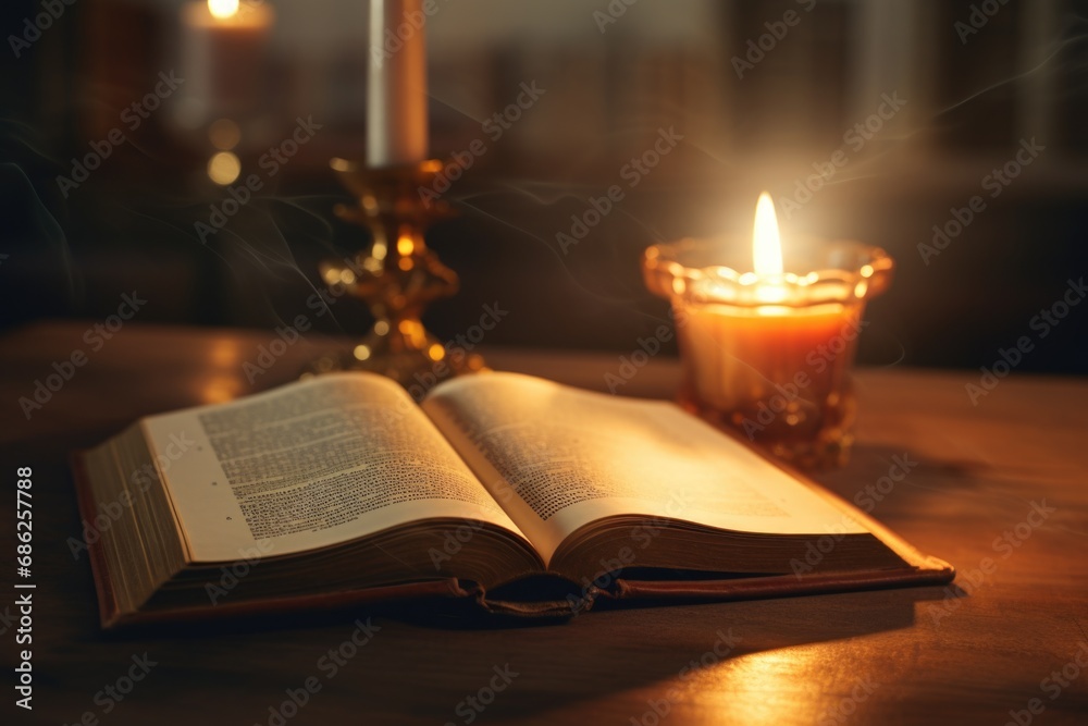 Poster An open book is placed on top of a wooden table, with a lit candle beside it. This image can be used to depict a cozy reading environment or to symbolize knowledge and enlightenment.