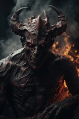 A sinister-looking creature with menacing horns against a dark backdrop. This image can be used to create a spooky and eerie atmosphere in various projects.