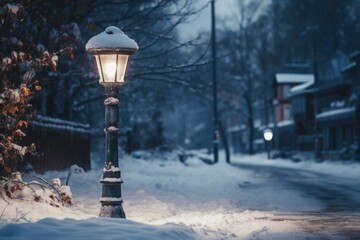 A picture of a street light in the middle of a snowy street. This image can be used to depict winter scenes or urban landscapes in cold weather.
