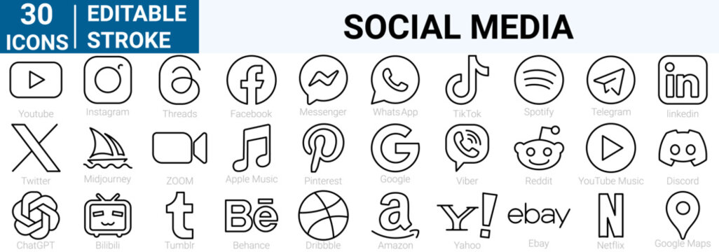 Rivne, Ukraine - November 30, 2023. Set social media logo. Facebook, instagram, twitter, youtube, tiktok, telegram, whatsapp, ChatGPT, Midjourney. Realistic editorial icons set.