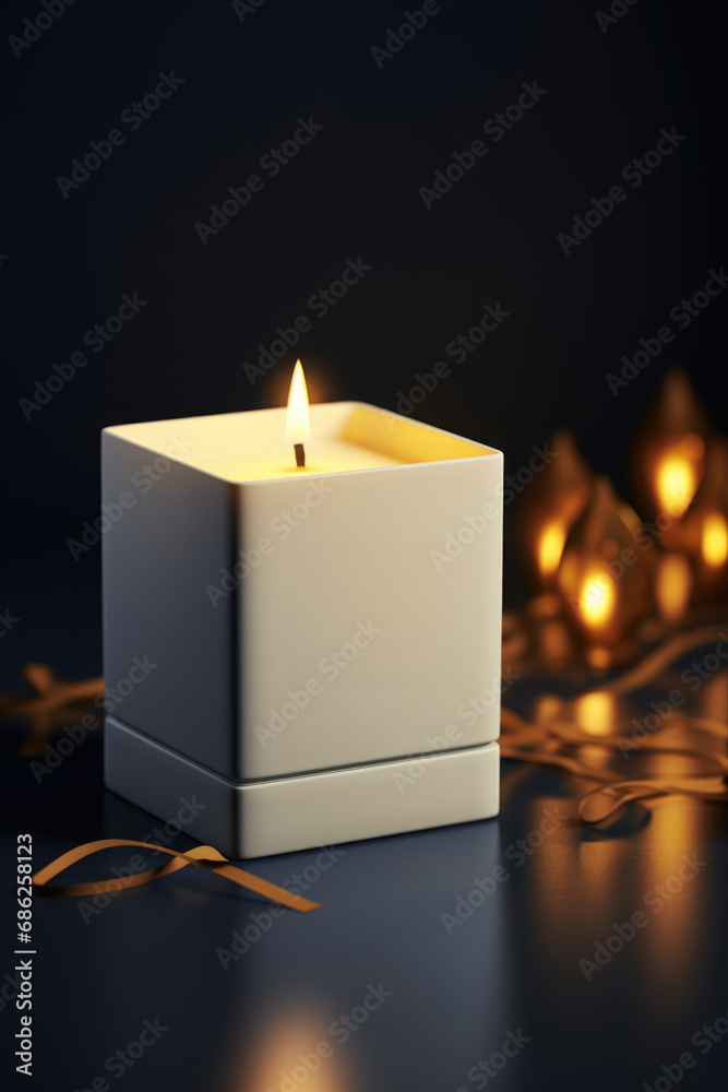 Poster A lit candle sitting on top of a table. This image can be used to create a cozy and intimate atmosphere in various settings.