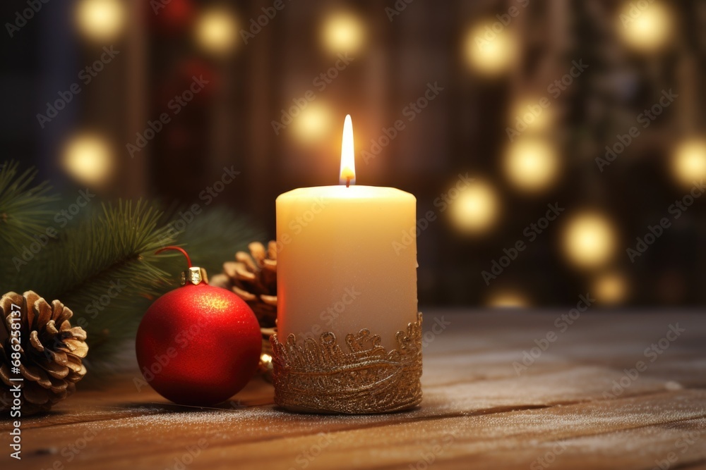 Aufkleber a candle and a christmas ornament placed on a table. this image can be used to depict holiday decora