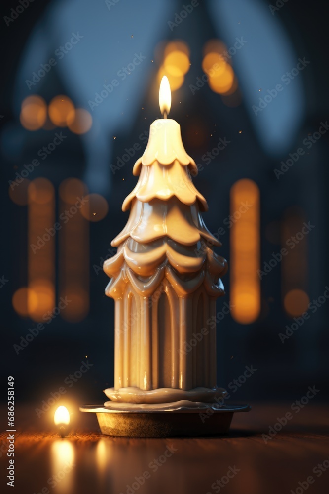 Poster A lit candle sitting on top of a table. This image can be used to create a warm and cozy atmosphere or to symbolize hope and illumination in various projects.