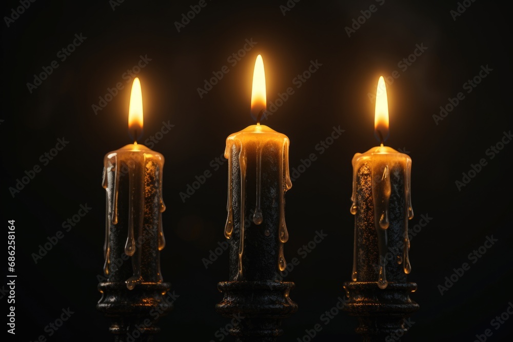 Poster a group of three lit candles sitting next to each other. this image can be used for various purposes