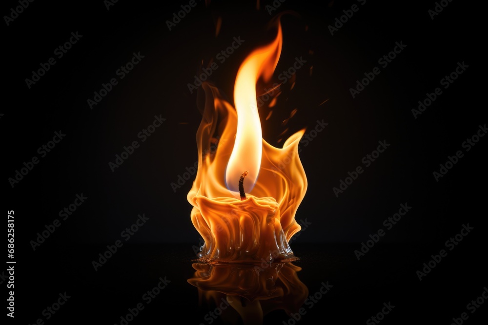 Poster A lit candle placed on a reflective surface, with a black background. This image can be used to create a peaceful and serene atmosphere in various designs and projects.