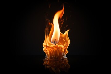 A lit candle placed on a reflective surface, with a black background. This image can be used to create a peaceful and serene atmosphere in various designs and projects.