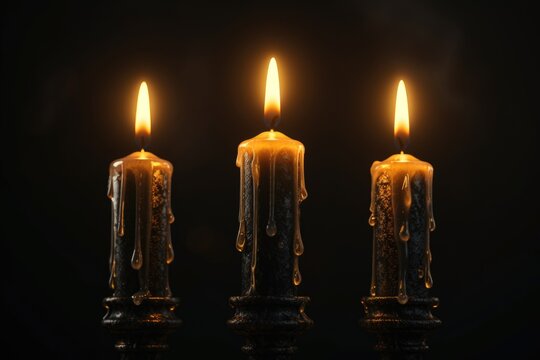 A group of three lit candles sitting next to each other. This image can be used for various purposes such as relaxation, meditation, or religious themes.