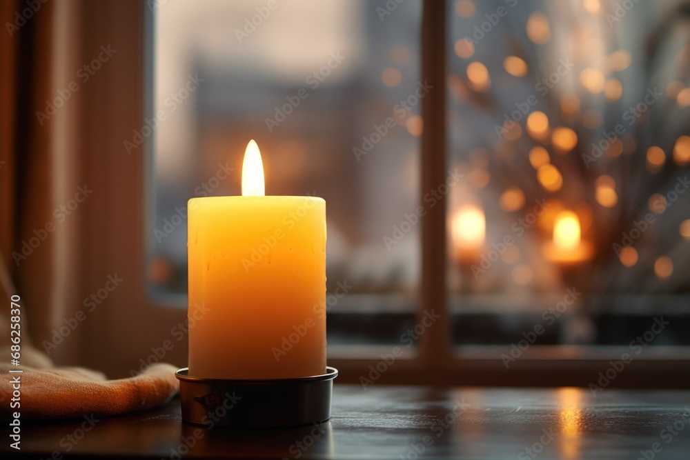 Aufkleber A lit candle sitting on a table next to a window. Suitable for creating a cozy atmosphere or adding warmth to any space.