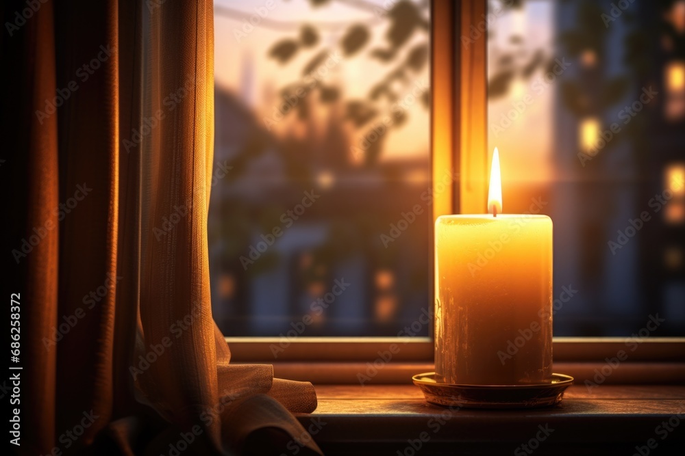 Poster A lit candle sitting in front of a window. This image can be used to create a cozy and peaceful atmosphere.