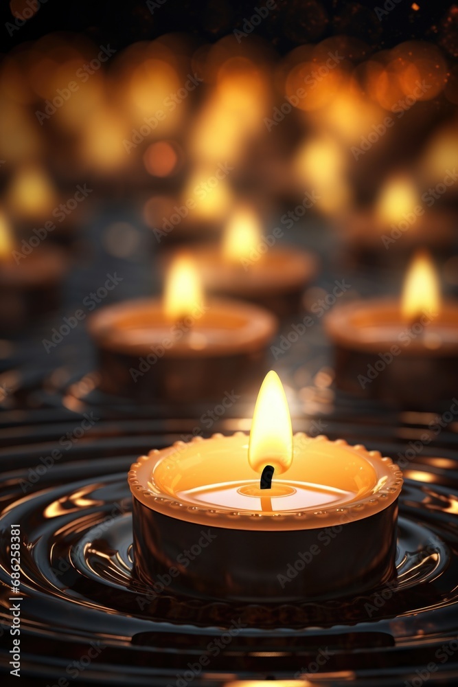 Poster A group of lit candles floating on top of a body of water. This serene image can be used to create a calming atmosphere or represent spiritual rituals.