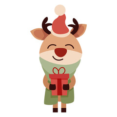 Smiling Christmas reindeer wearing a hat with a gift