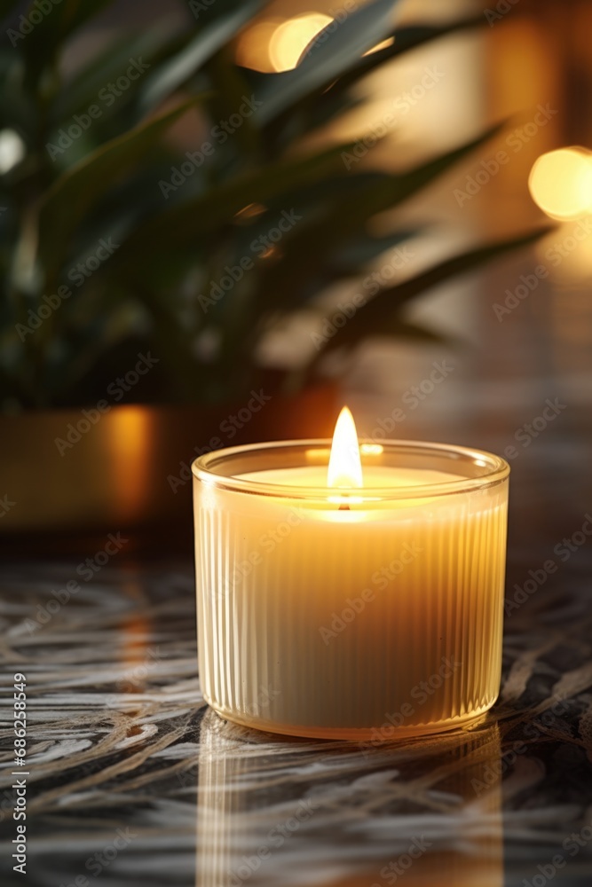 Poster A lit candle sits on a table next to a potted plant. This image can be used to create a cozy and peaceful atmosphere in various settings.