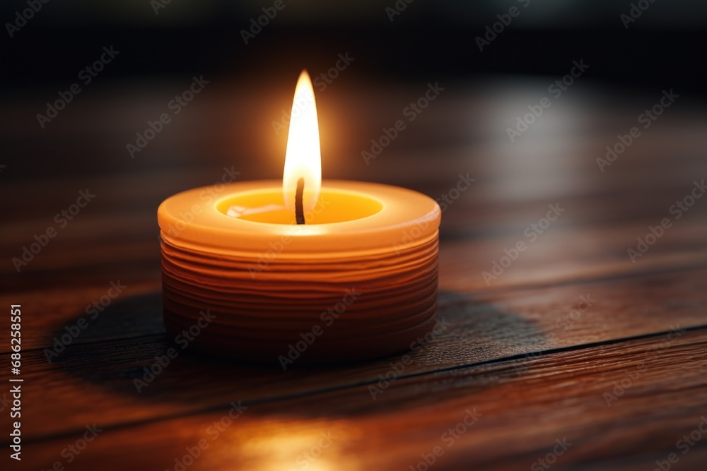 Poster a simple yet elegant image of a lit candle placed on top of a wooden table. perfect for creating a w
