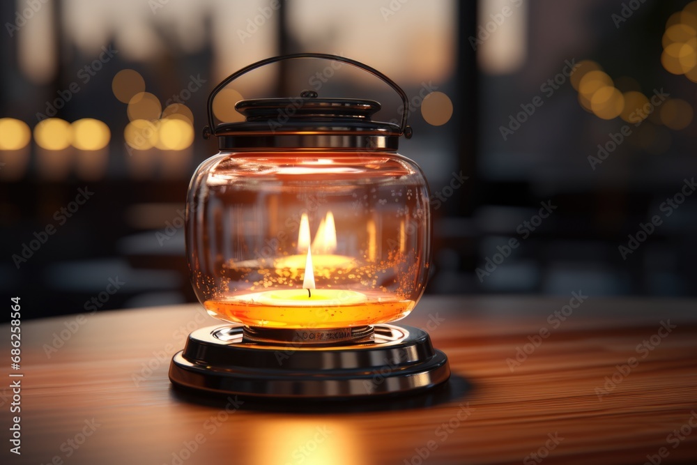 Aufkleber A simple yet elegant image of a lit candle placed on top of a wooden table. This versatile picture can be used to create a cozy and warm ambiance in various settings.