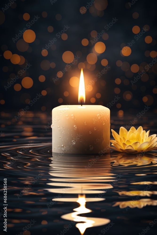 Aufkleber a lit candle gently floating on top of a body of water, creating a serene and peaceful atmosphere. p