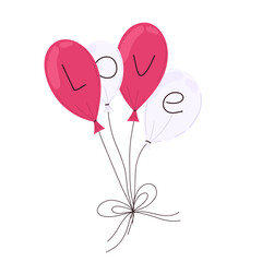 Hand drawn vector balloon illustration with lettering love on isolated background. Cute bright and light pink balloons. For postcards, labels, invitations.