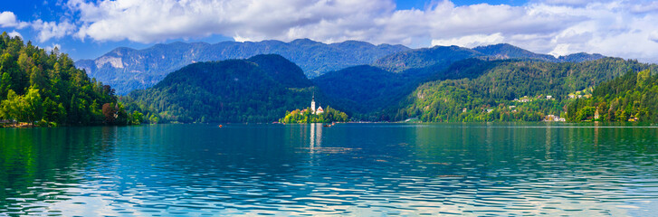 One of the most beautiful lakes of Europe - lake Bled in Slovenia. panoramic view with island and the church