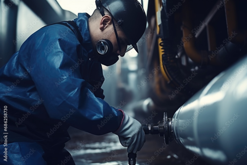 Poster a man wearing a blue jacket is seen diligently working on a pipe. this versatile image can be used t