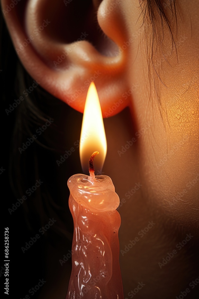 Poster A person holding a candle in front of their ear. This image can be used to illustrate concepts such as listening, communication, or hearing problems.