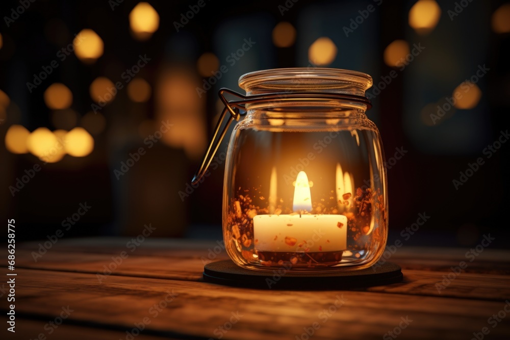 Aufkleber A lit candle sitting in a glass jar. This image can be used to create a cozy and warm atmosphere in various settings.
