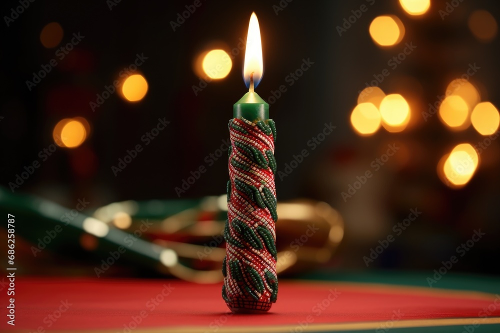 Poster a lit candle sitting on top of a table. this image can be used to create a cozy ambiance or to symbo
