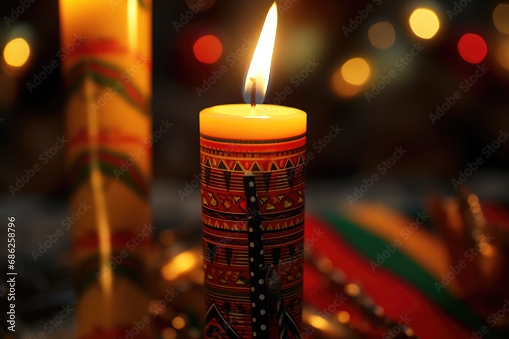 Aufkleber A simple yet elegant image of a lit candle sitting on top of a table. This picture can be used to create a cozy and relaxing atmosphere in various settings.