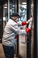 A man wearing a mask and gloves is shown opening a glass door. This image can be used to illustrate concepts such as safety, security, crime, or anonymous actions.